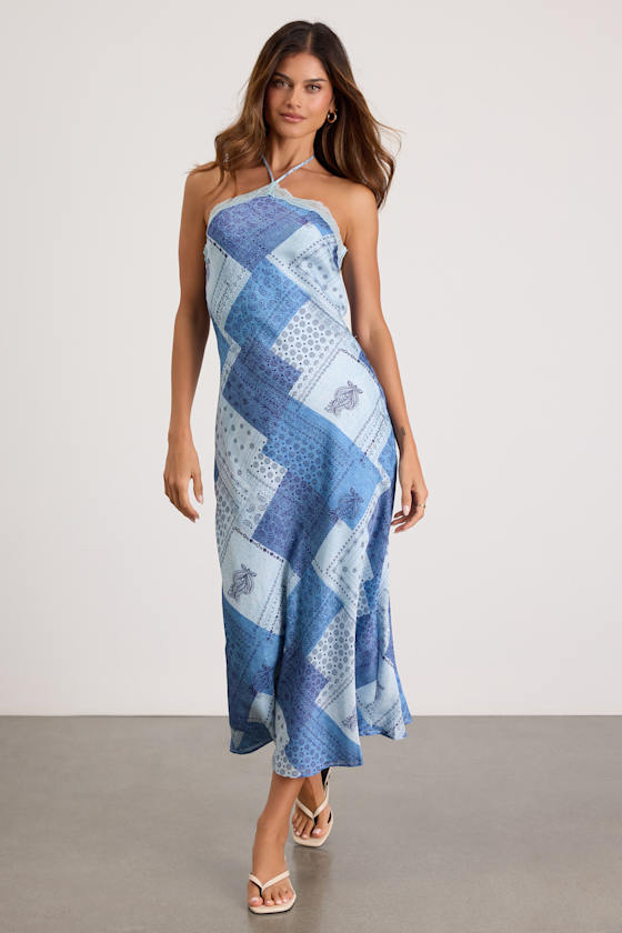 Ellira Blue Patchwork and Paisley Print Halter Maxi Dress 2