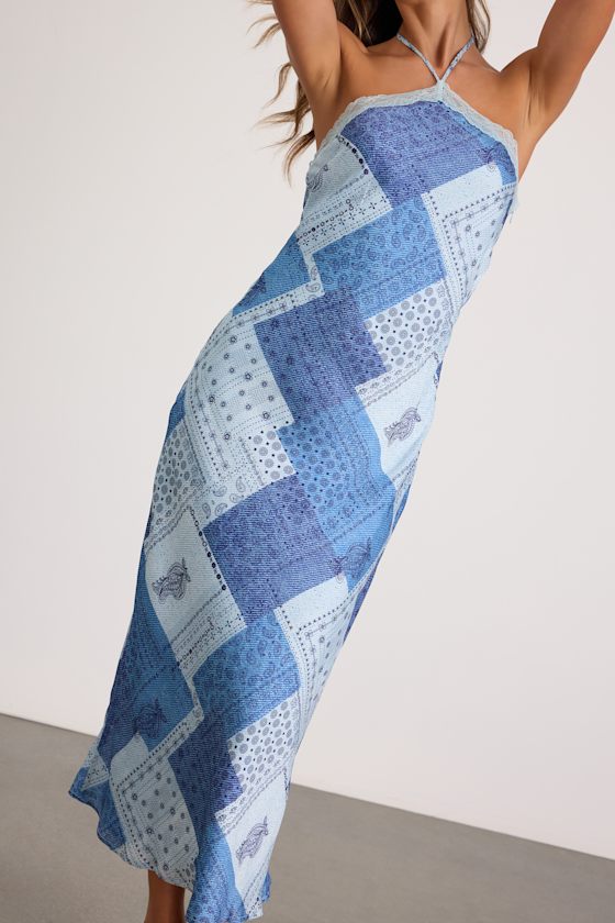 Ellira Blue Patchwork and Paisley Print Halter Maxi Dress 3