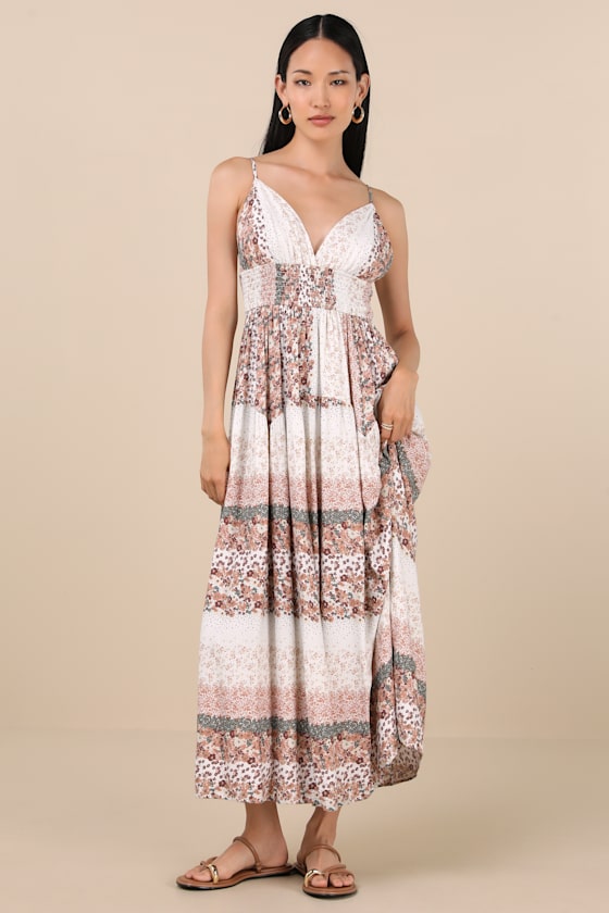 Lulus Aralline Ivory Boho Floral Sleeveless Maxi Dress In Multi
