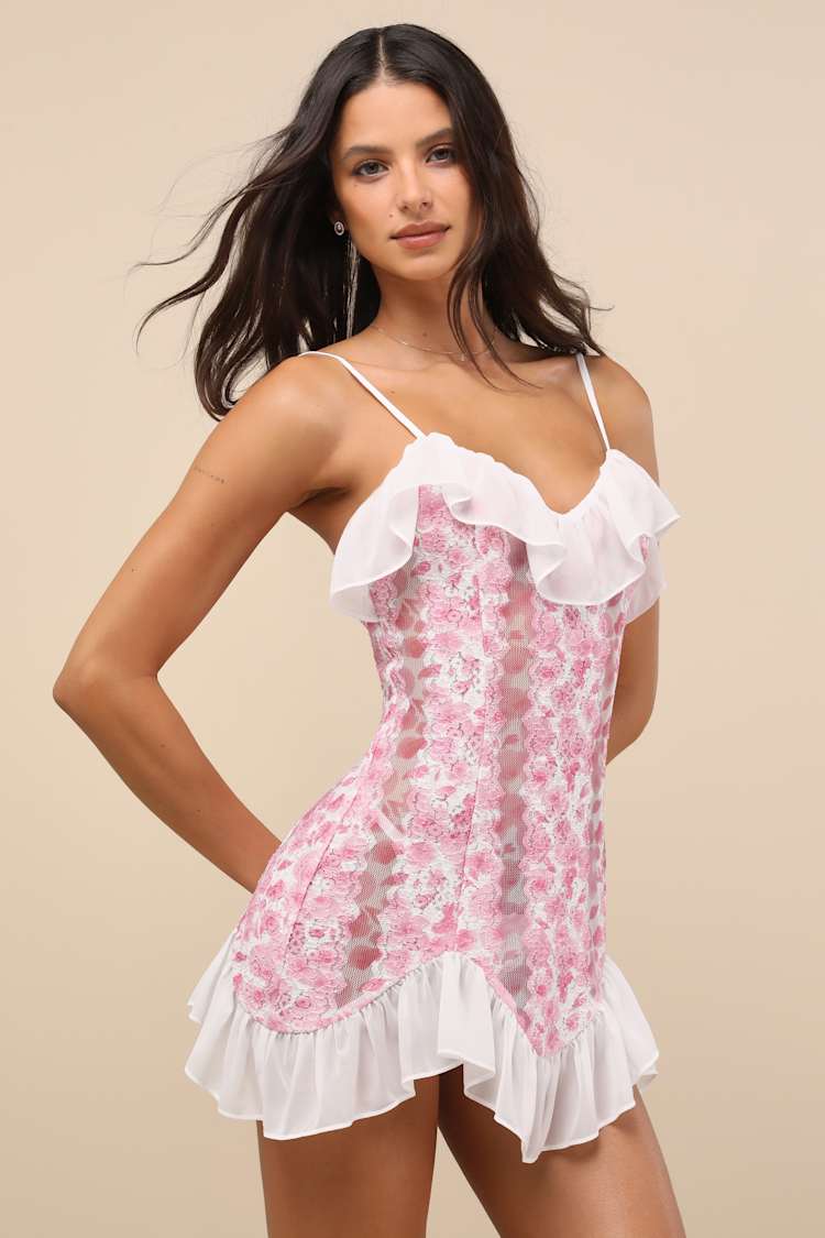 Trinity Pink and White Floral Sheer Lace Ruffled Lingerie Slip