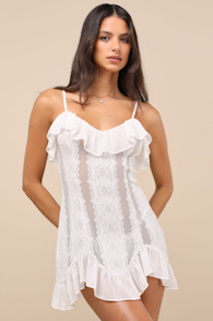 Trinity White Sheer Lace Ruffled Lingerie Slip 1