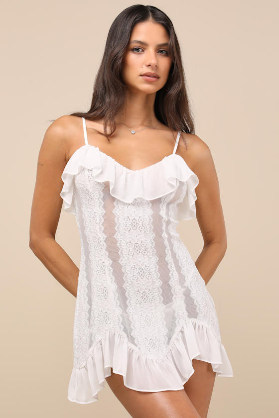 Trinity White Sheer Lace Ruffled Lingerie Slip 1
