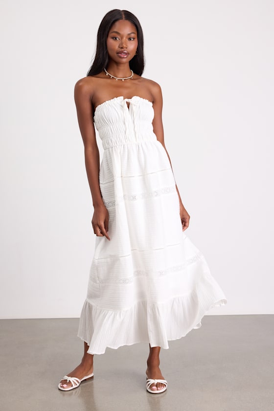 Sylvana White Textured Strapless Midi Dress 2