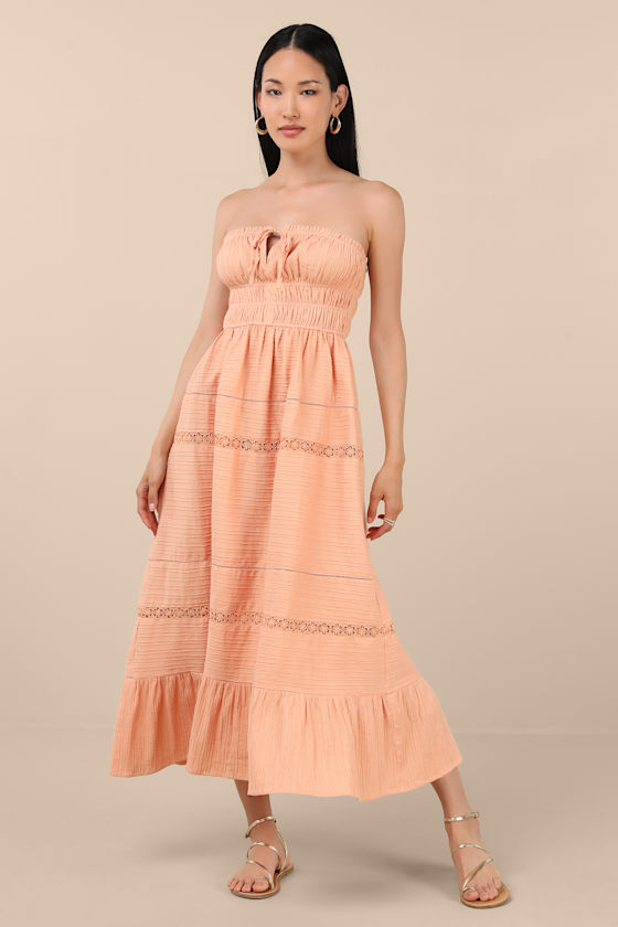 Last Looks Strapless Wrap Midi Dress Peach