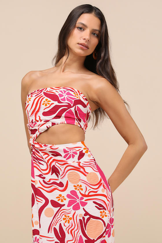 Image of Zisel Ivory and Pink Floral Cutout Strapless Midi Dress