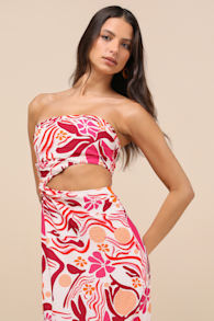 Zisel Ivory and Pink Floral Cutout Strapless Midi Dress 1