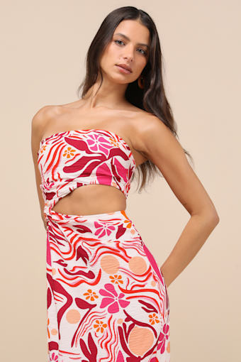 Zisel Ivory and Pink Floral Cutout Strapless Midi Dress 1