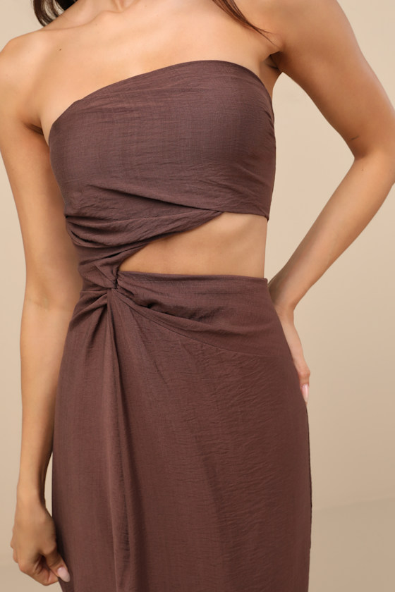 Zisel Brown Cutout Strapless Midi Dress 4