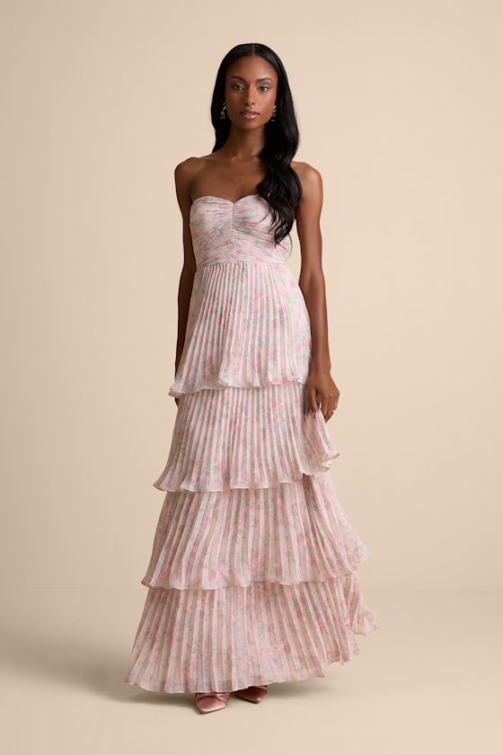 Seriously Sensational Blush Floral Strapless Tiered Maxi Dress 1