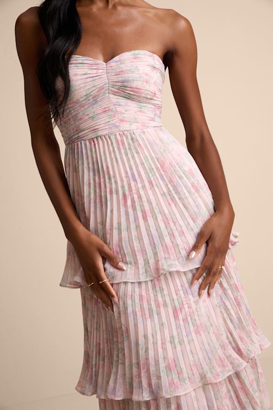Blush Floral Maxi Dress - Pleated Dress - Strapless Tiered Dress - Image 5