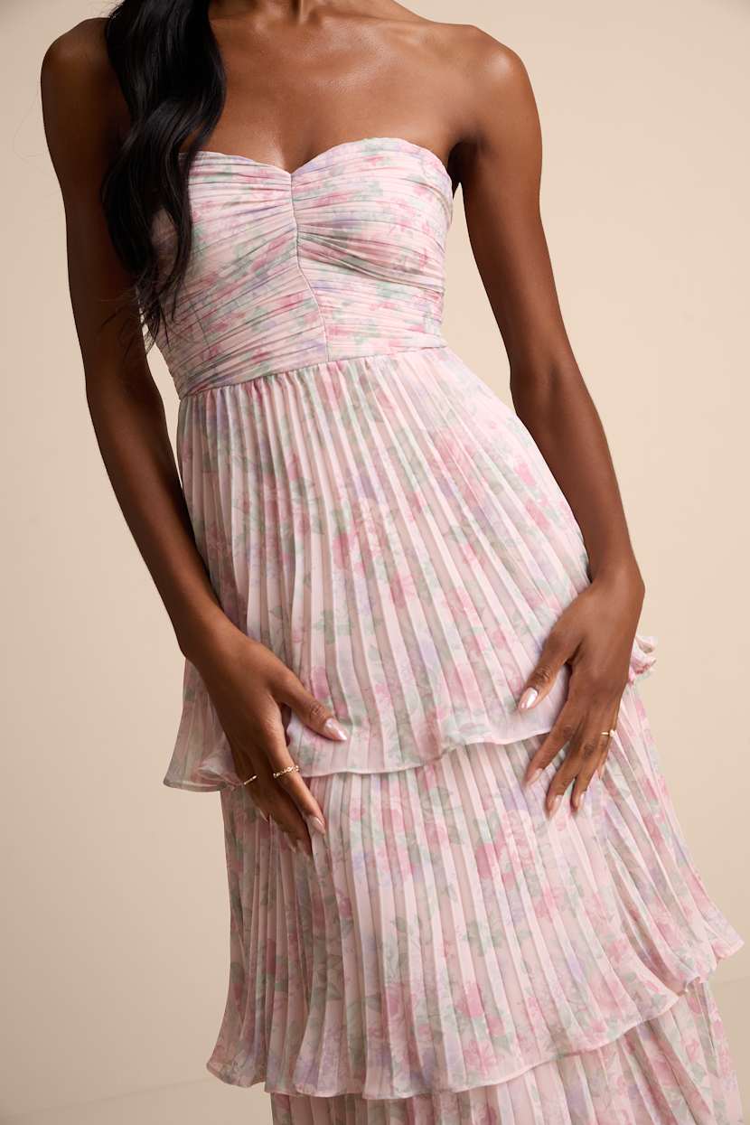 Seriously Sensational Blush Floral Strapless Tiered Maxi Dress