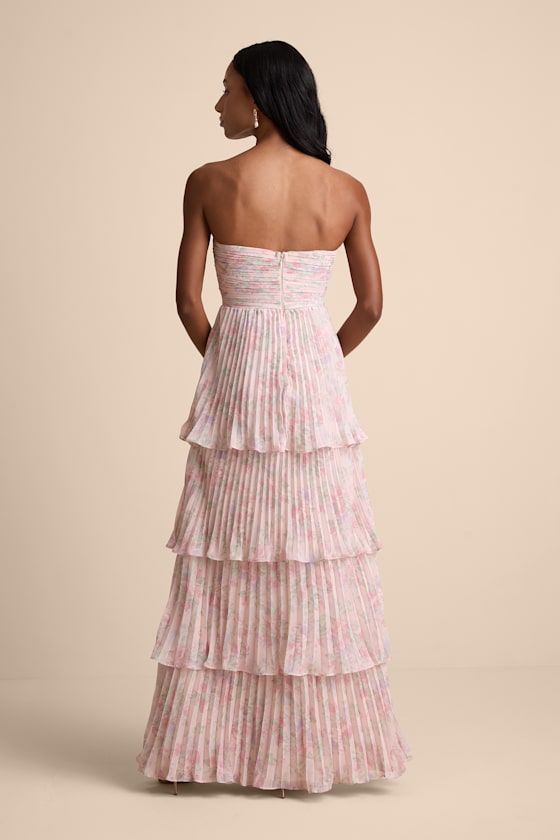 Blush Floral Maxi Dress - Pleated Dress - Strapless Tiered Dress - Image 3