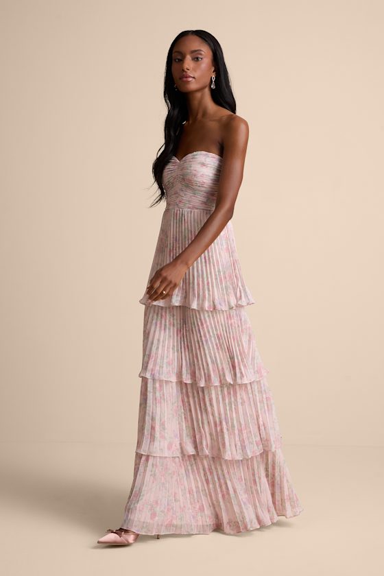 Blush Floral Maxi Dress - Pleated Dress - Strapless Tiered Dress - Image 4