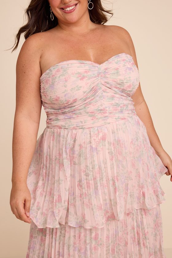 Blush Floral Maxi Dress - Pleated Dress - Strapless Tiered Dress - Image 7