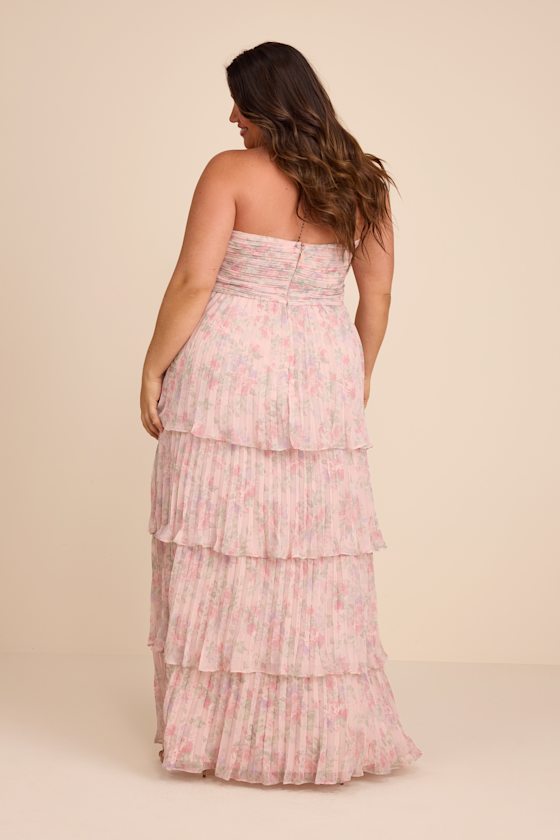Blush Floral Maxi Dress - Pleated Dress - Strapless Tiered Dress - Image 6