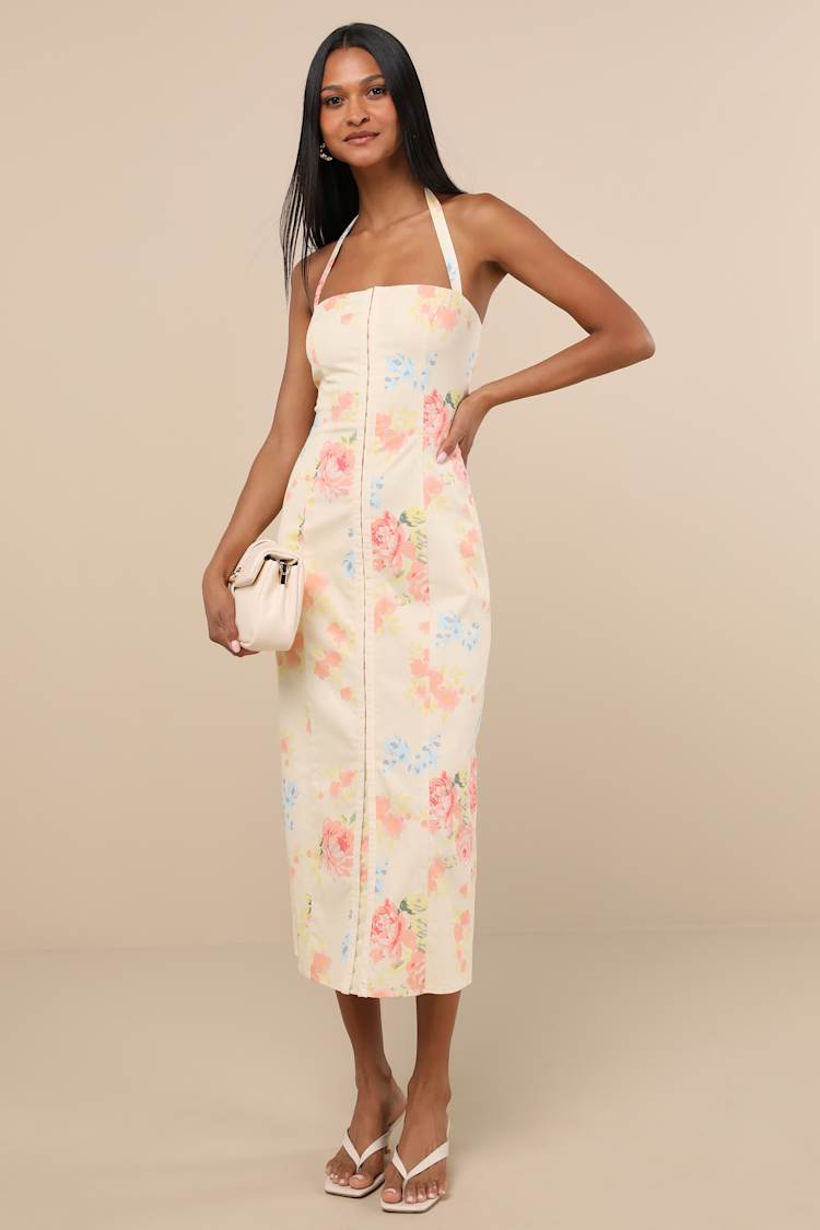 Arrosa Light Yellow Floral Halter Midi Dress