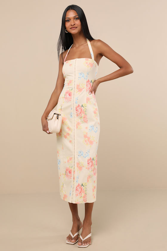 Arrosa Light Yellow Floral Halter Midi Dress 3