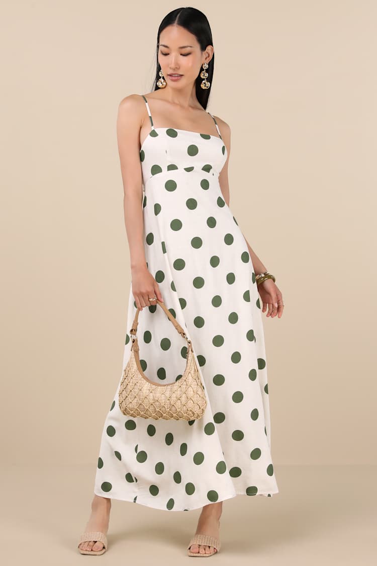 Norette Cream and Olive Polka Dot Tie-Back Midi Dress