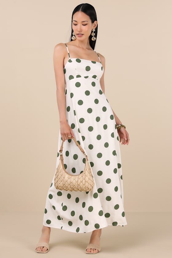 Norette Cream and Olive Polka Dot Tie-Back Midi Dress 3