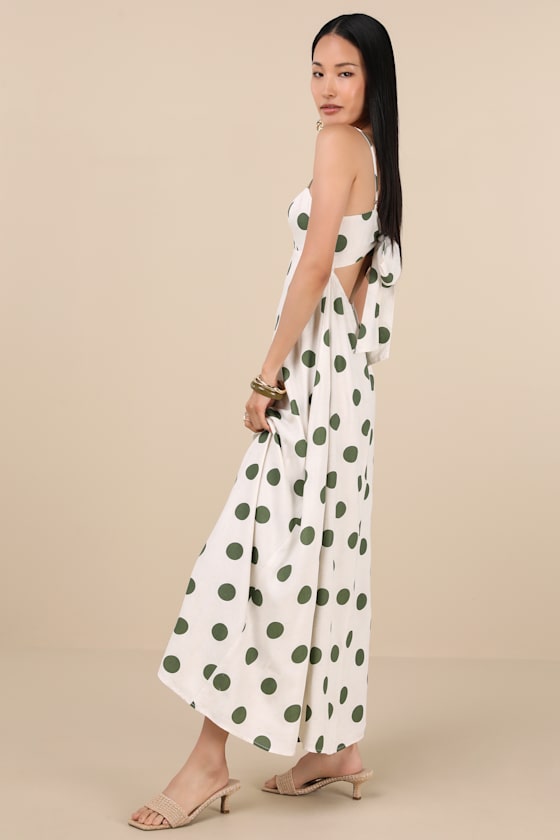 Norette Cream and Olive Polka Dot Tie-Back Midi Dress 7