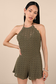 Tovia Olive Pointelle Knit Tie-Back Halter Romper 2