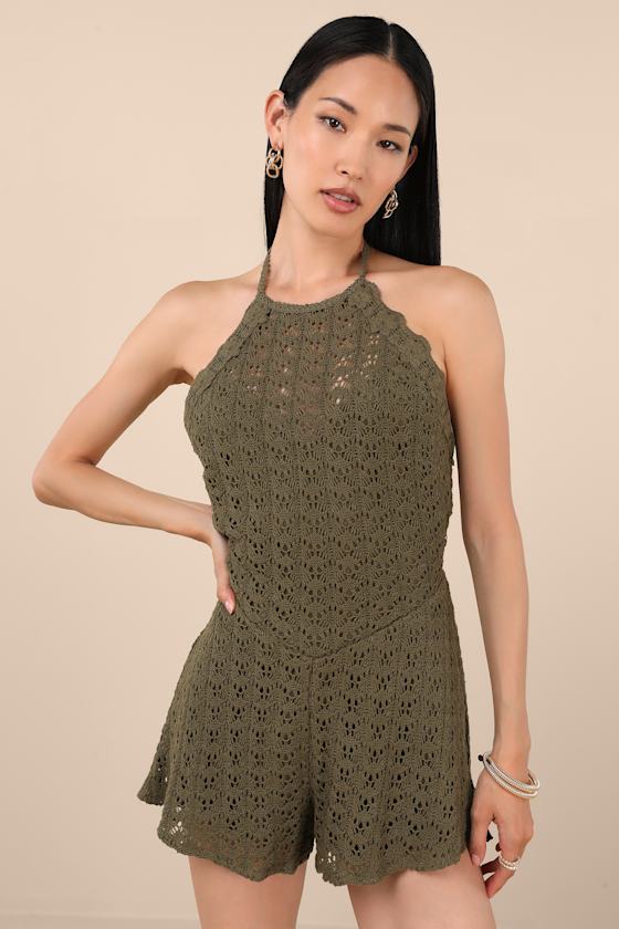 Tovia Olive Pointelle Knit Tie-Back Halter Romper 2