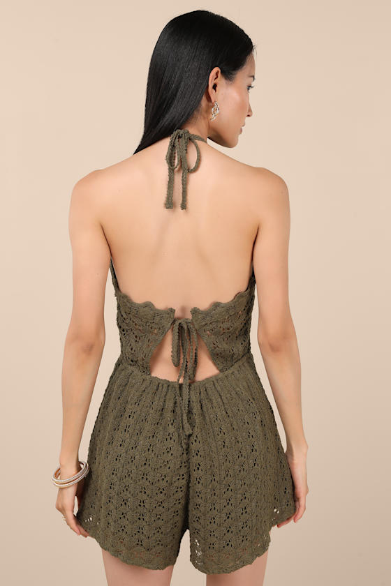 Tovia Olive Pointelle Knit Tie-Back Halter Romper 4