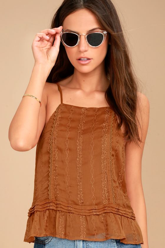 J.O.A. Brown Tank Top Embroidered Top Lace Top Lulus