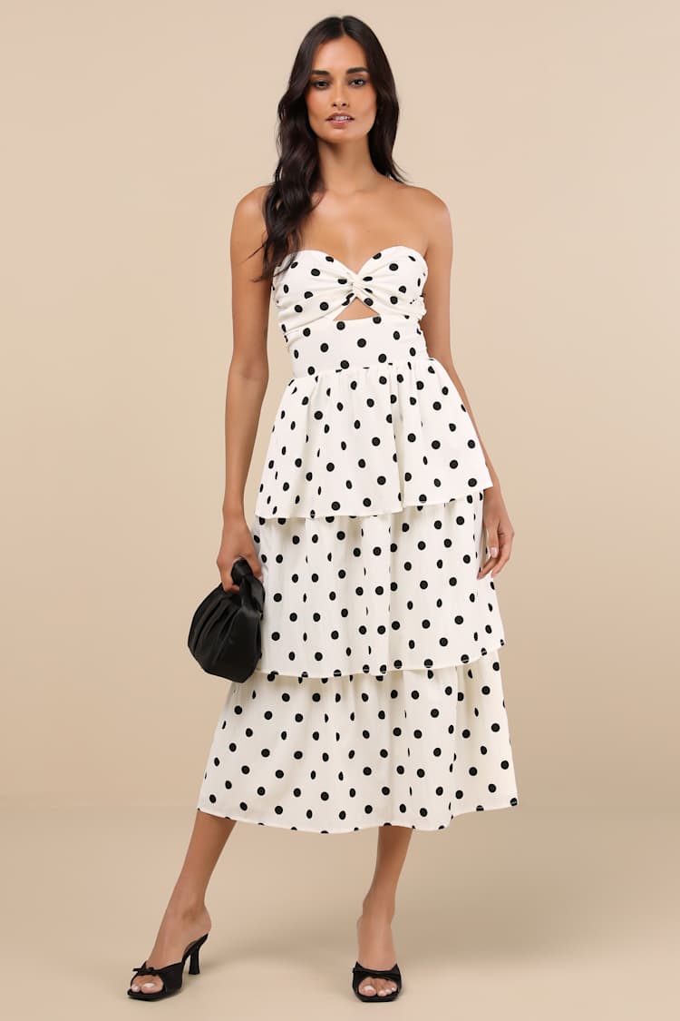 knee length dresses for ladies Xandie Mocha Polka Dot Off-Shoulder Midi Dress