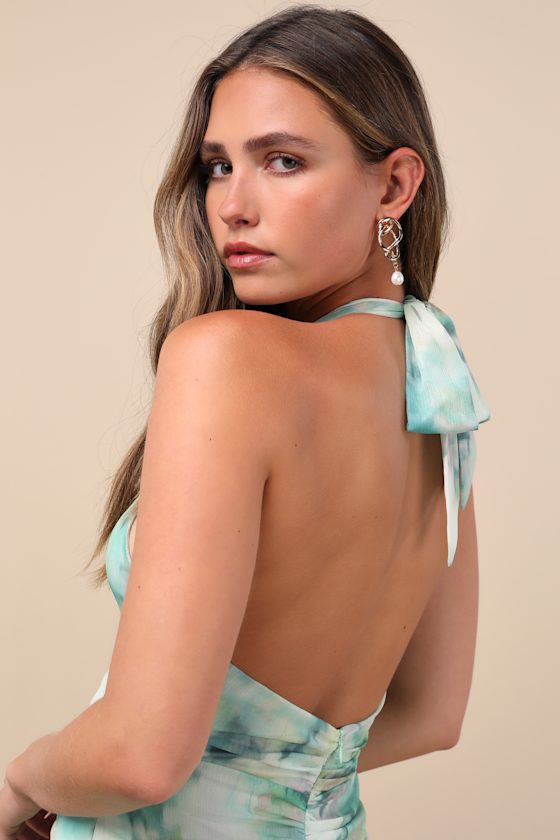 Lulus Febe Teal Green Multi Abstract Halter Ruffled Midi Dress In Green