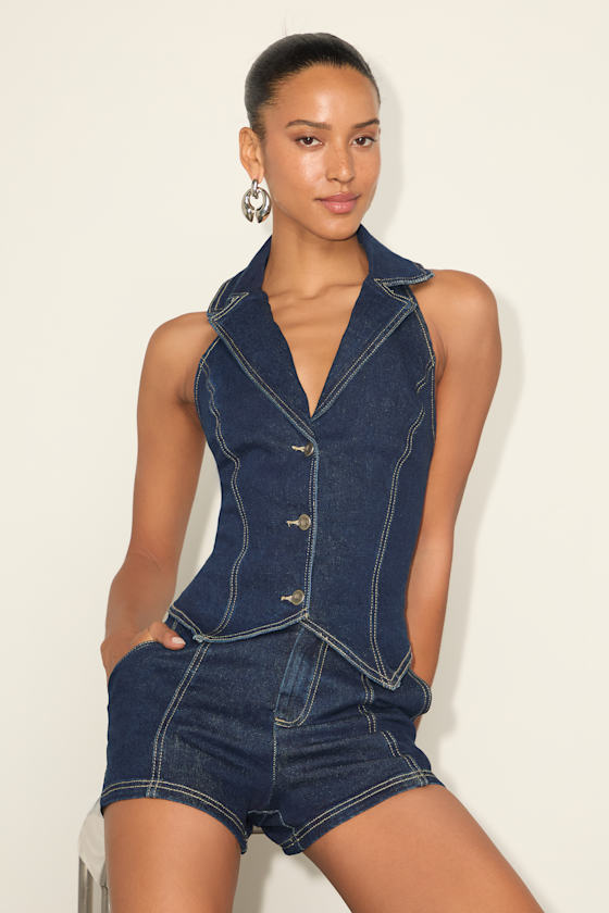 Lulus Lyris Dark Wash Denim Button-Front Collared Halter Top