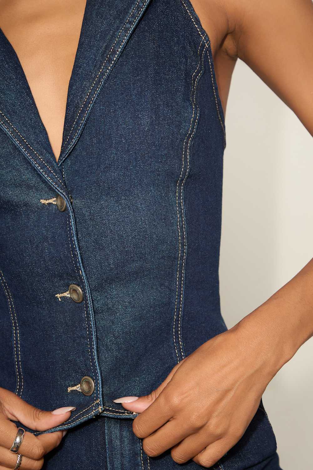 Lyris Dark Wash Denim Button-Front Collared Halter Top