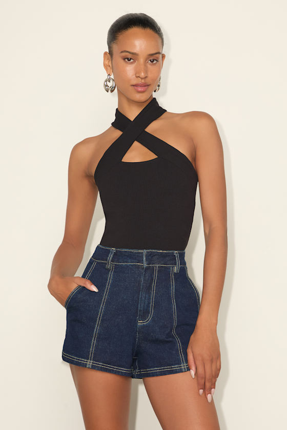 Lyris Dark Wash Denim High-Rise Shorts - thumbnail 5