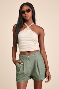 Winford Dark Sage Pleated High-Rise Cuffed Shorts 1