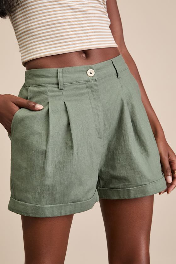 Green Linen Shorts - High-Rise Shorts - Pleated Cuffed Shorts - Image 2