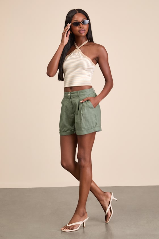 Green Linen Shorts - High-Rise Shorts - Pleated Cuffed Shorts - Image 4