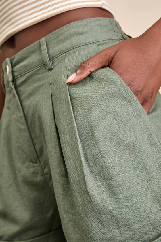 Green Linen Shorts - High-Rise Shorts - Pleated Cuffed Shorts - Image 5