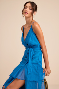 Ashanti Bright Blue Surplice Tiered Midi Dress 1