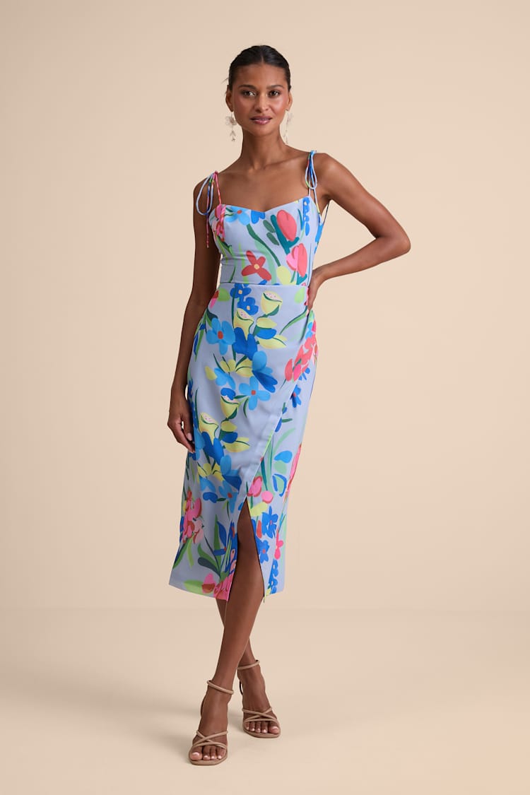 Blue Floral Print Tie-Strap Midi Dress | Womens | Small (Available in XS, M, L, XL) | 100% Polyester | Lulus