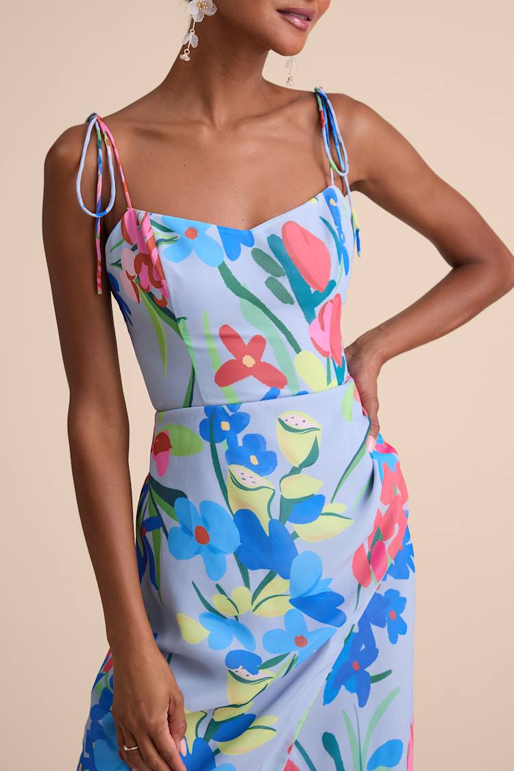 Kristel Blue Floral Print Tie-Strap Midi Dress