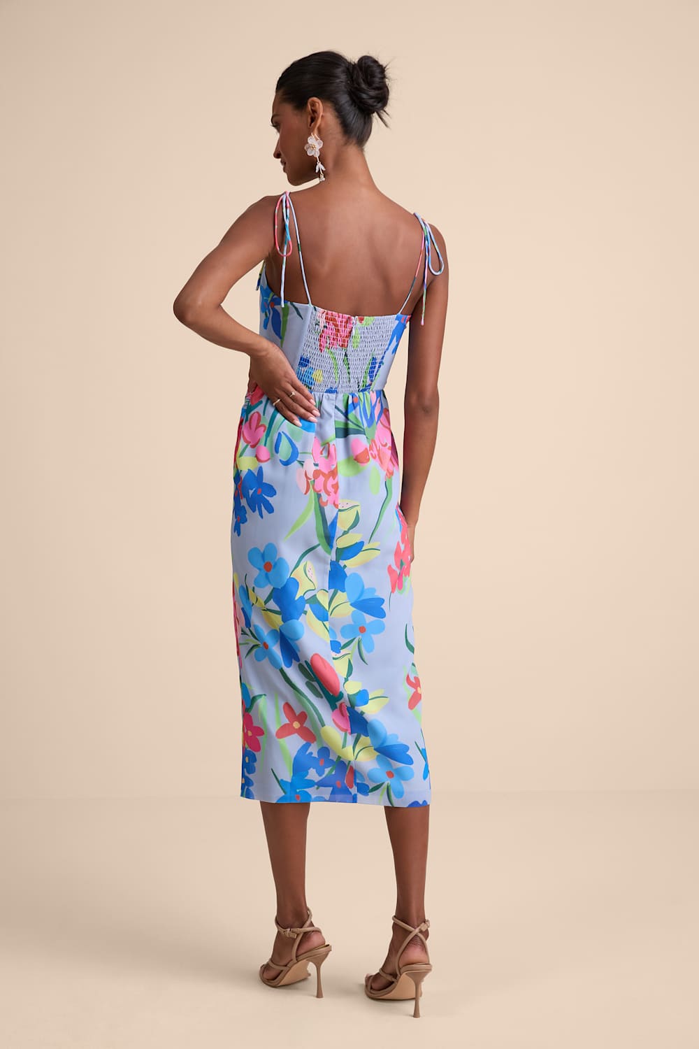 Kristel Blue Floral Print Tie-Strap Midi Dress