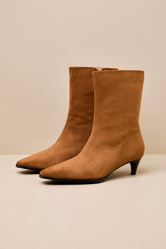 Carla Cognac Suede Kitten Heel Mid-Calf Booties 1