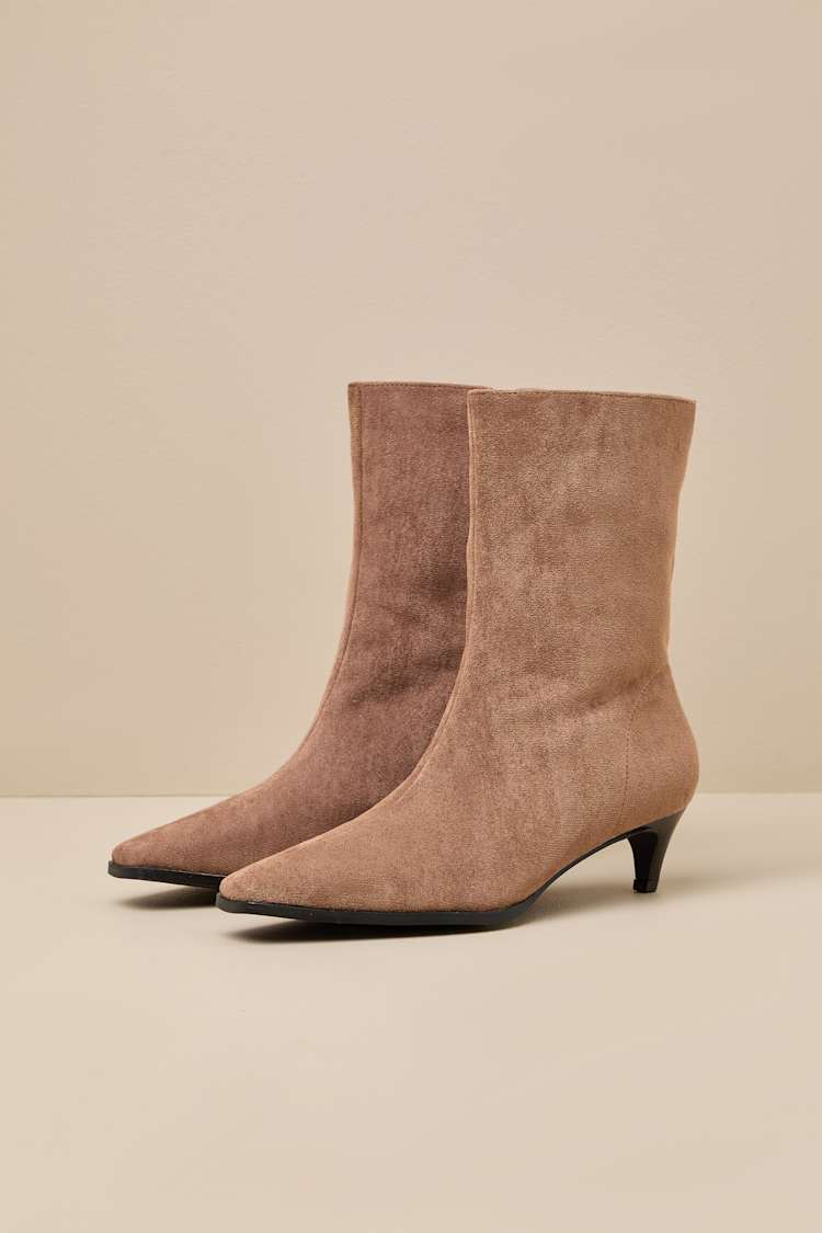 Carla Mocha Mousse Suede Kitten Heel Mid-Calf Booties