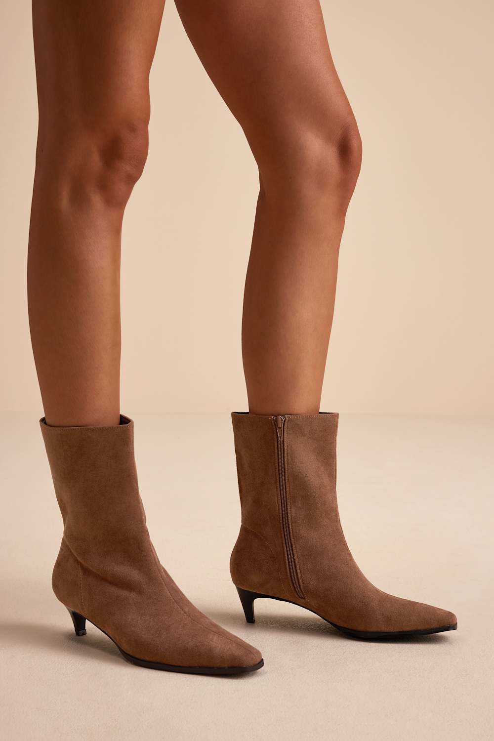 Carla Mocha Mousse Suede Kitten Heel Mid-Calf Booties