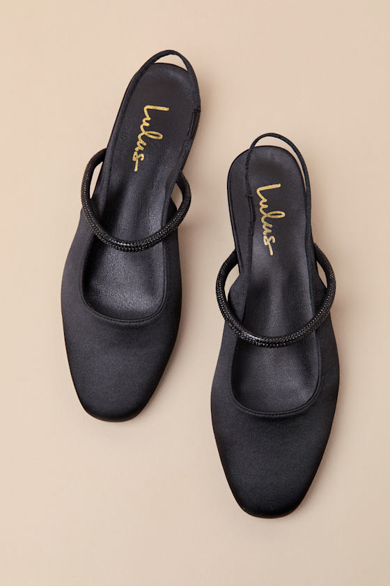 Clea Black Satin Rhinestone Slingback Flats 1