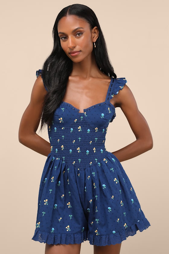 Image of Colbie Dark Blue Floral Swiss Dot Bustier Romper