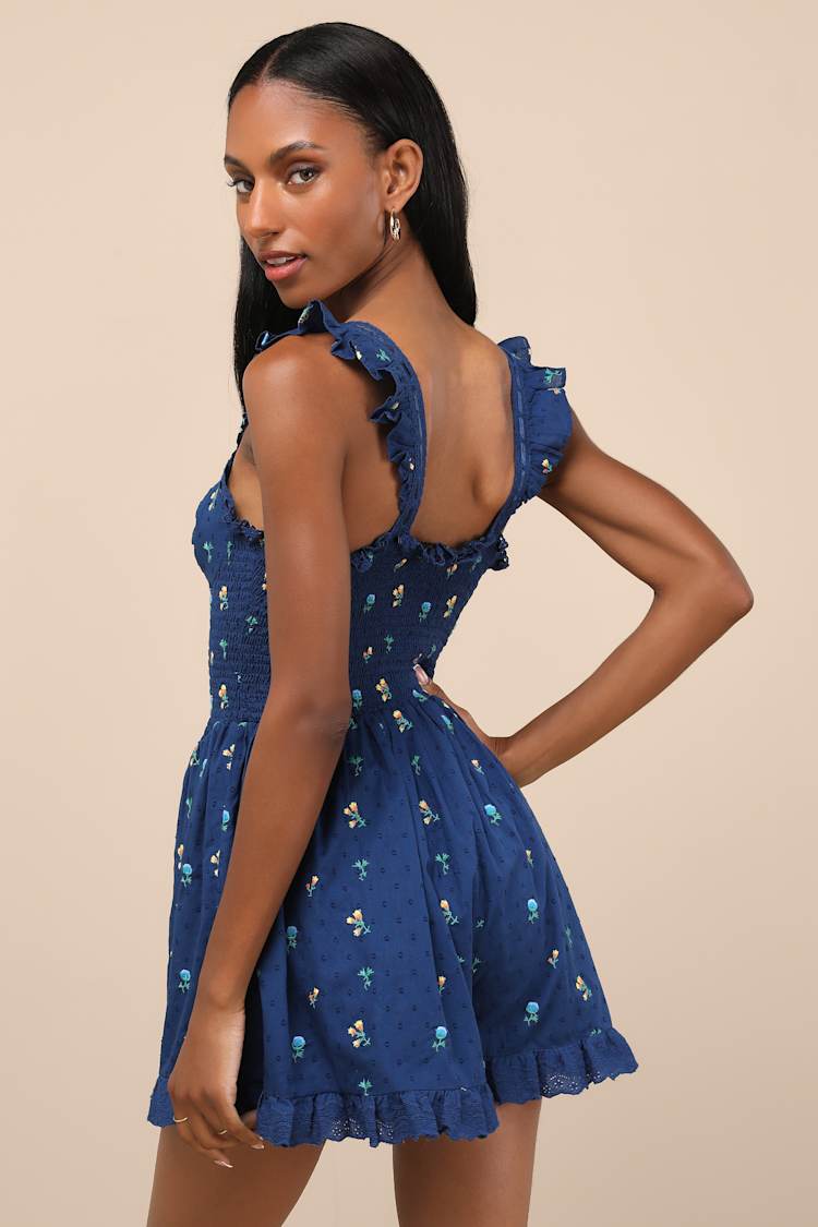 Colbie Dark Blue Floral Swiss Dot Bustier Romper