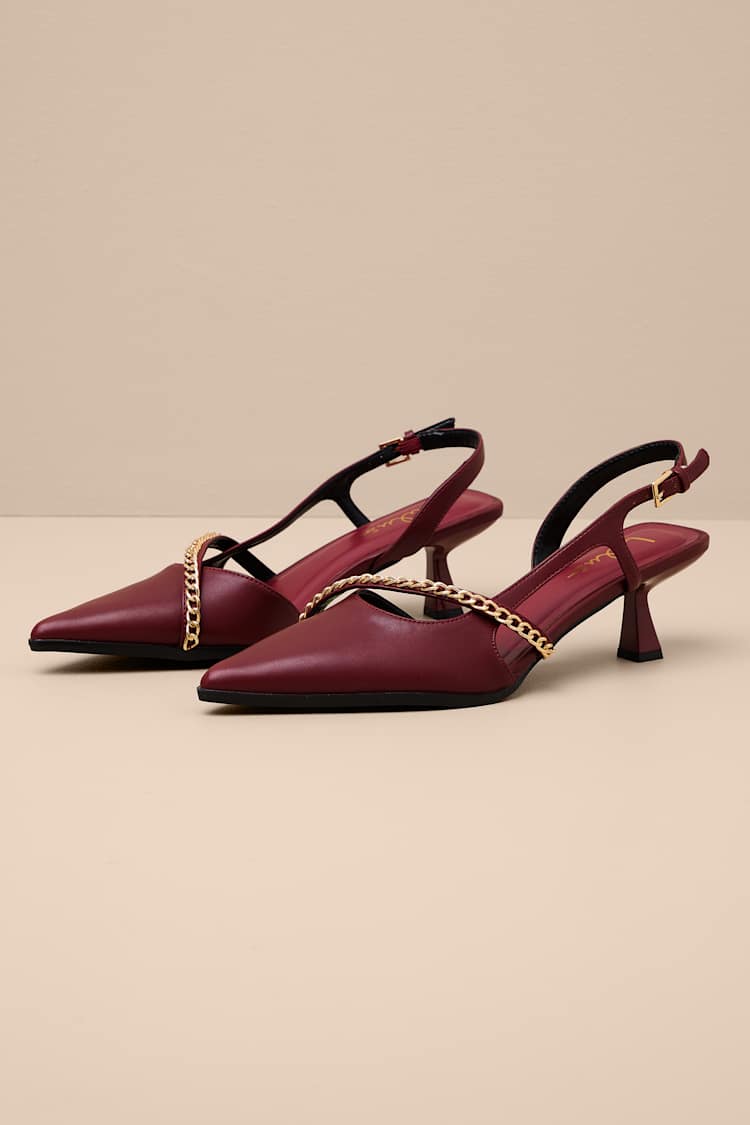 Ketra Wine Red Chain Kitten Heel Slingback Pumps