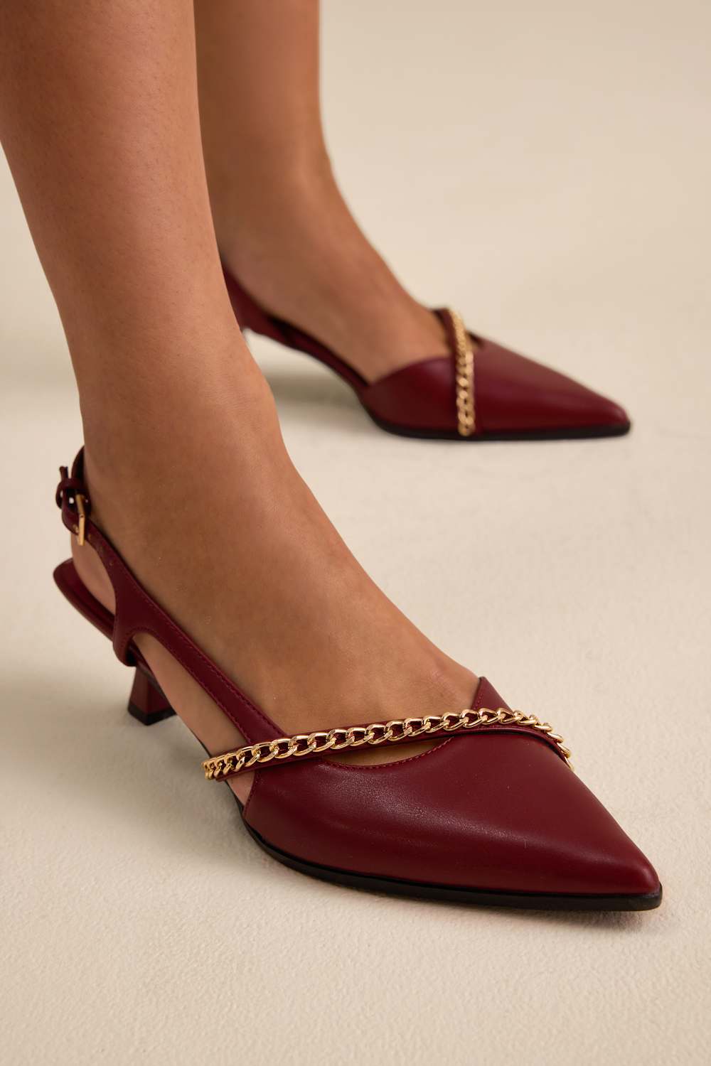 Ketra Wine Red Chain Kitten Heel Slingback Pumps