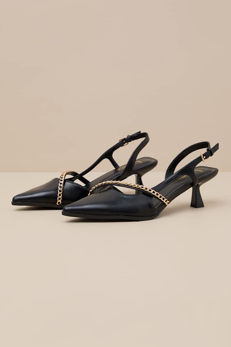 Ketra Black Chain Kitten Heel Slingback Pumps